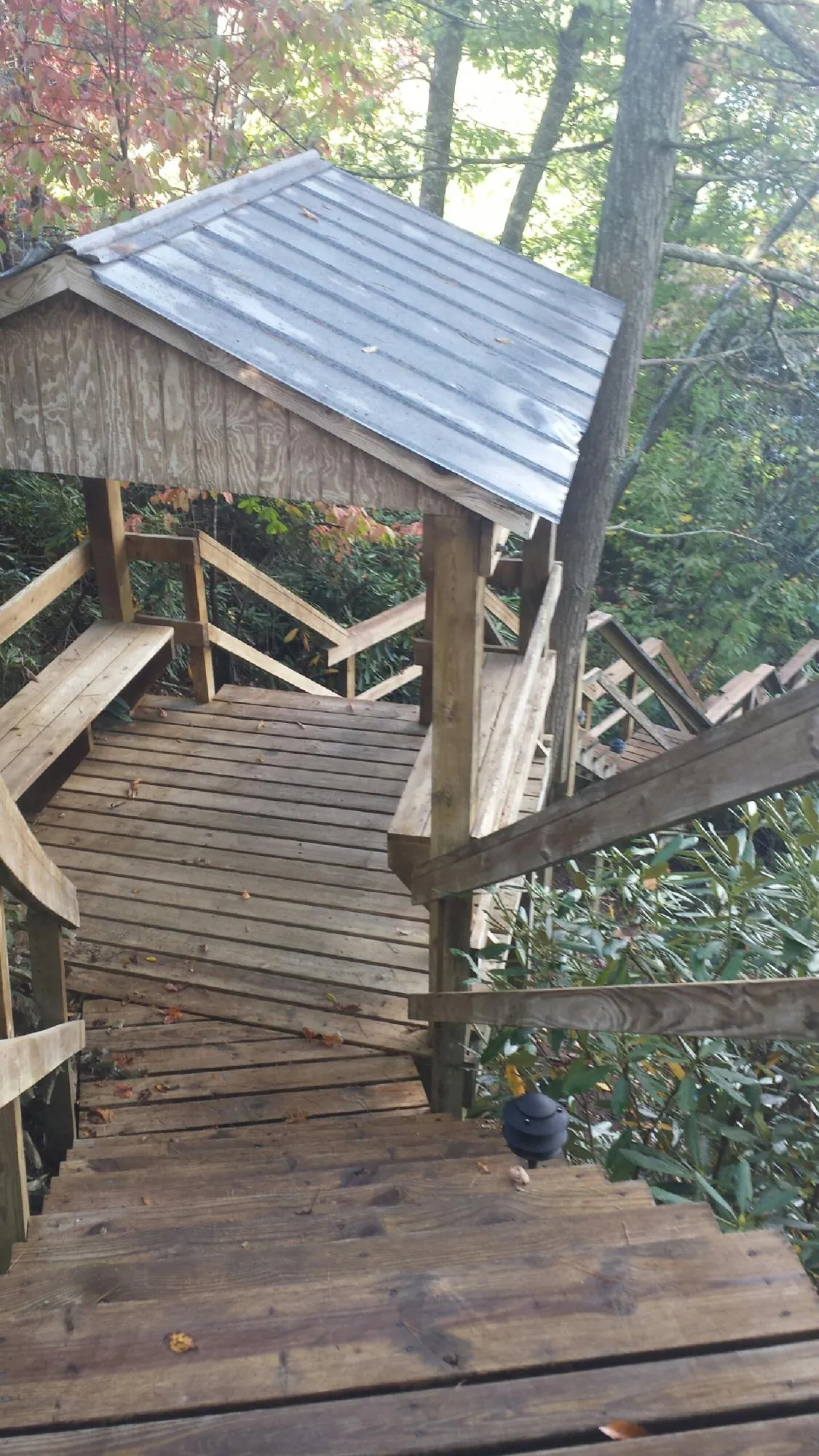 Metal roofed shelter over wooden steps on a wooded walkway — Skylight Repair & Installation work by our crew in Bandon